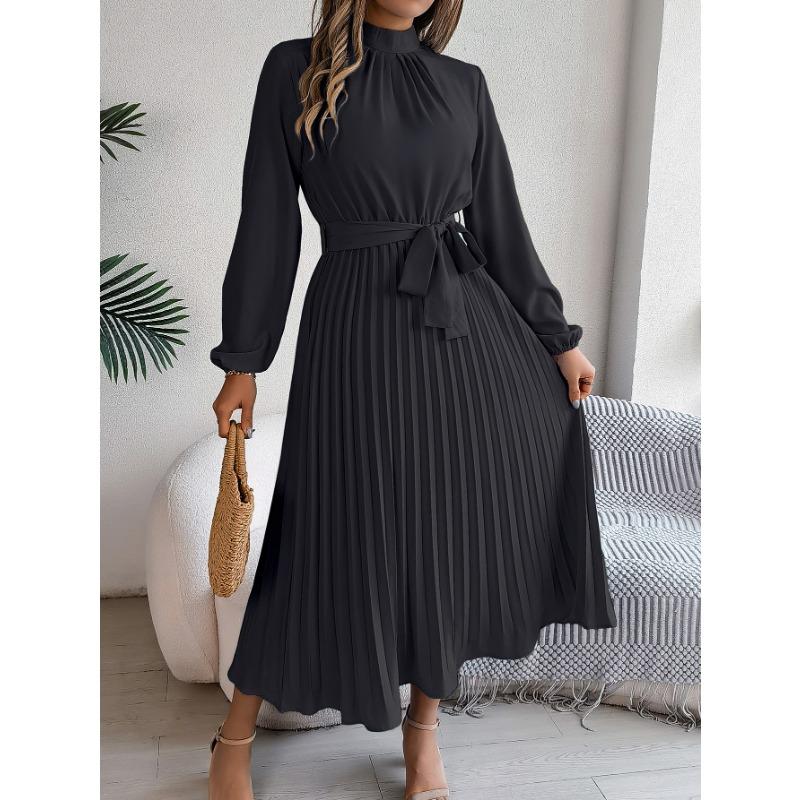 Spring and Autumn Elegant Stand Collar Long-sleeved Waist-fitting Pleated Women's Dresses