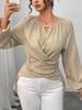Women's Solid Color Wrap Blouse Round Neck Long Sleeve Ruched Casual Top
