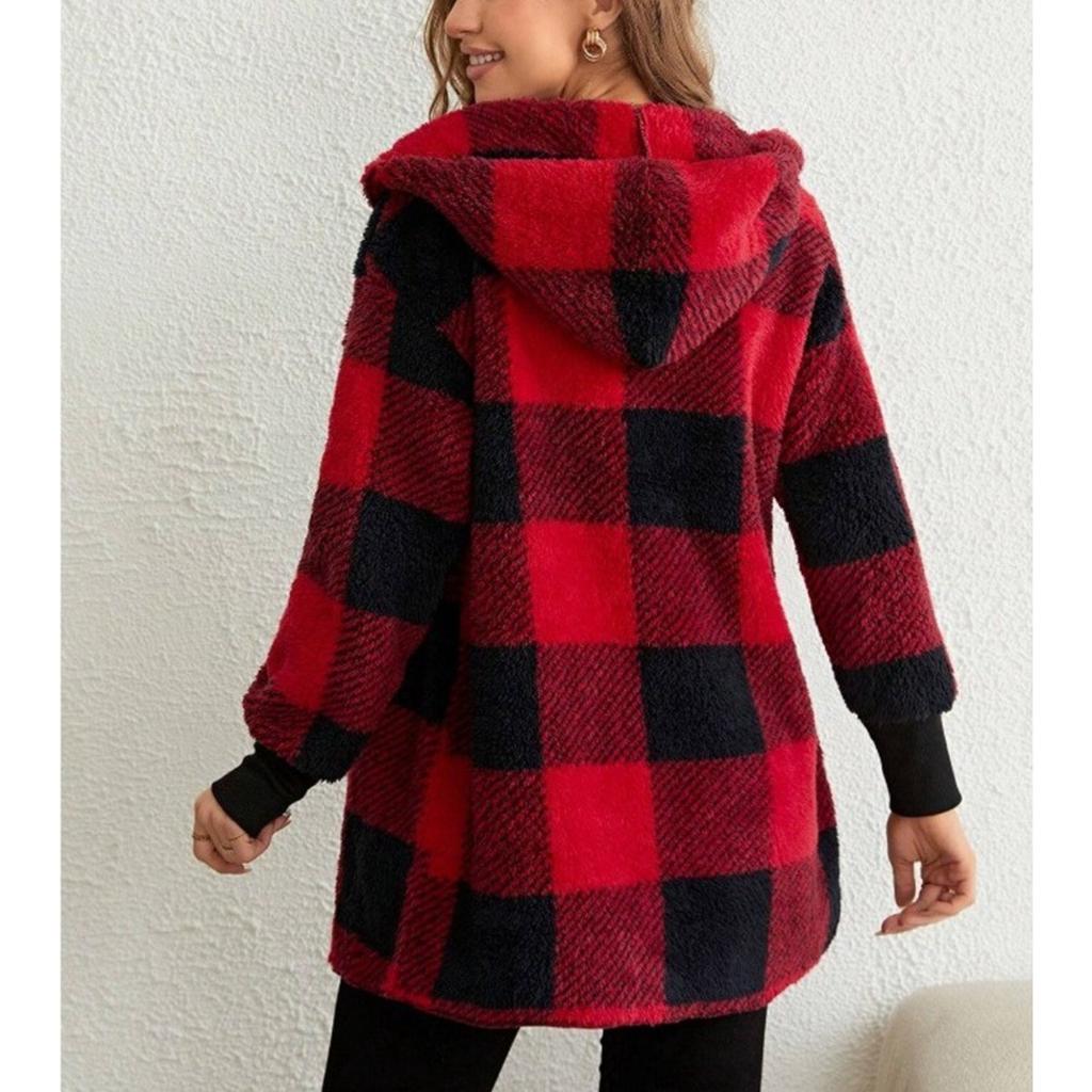 Women's Autumn and Winter Hooded Plaid Warm Top, Mid To Long Plush Cardigan Jacket