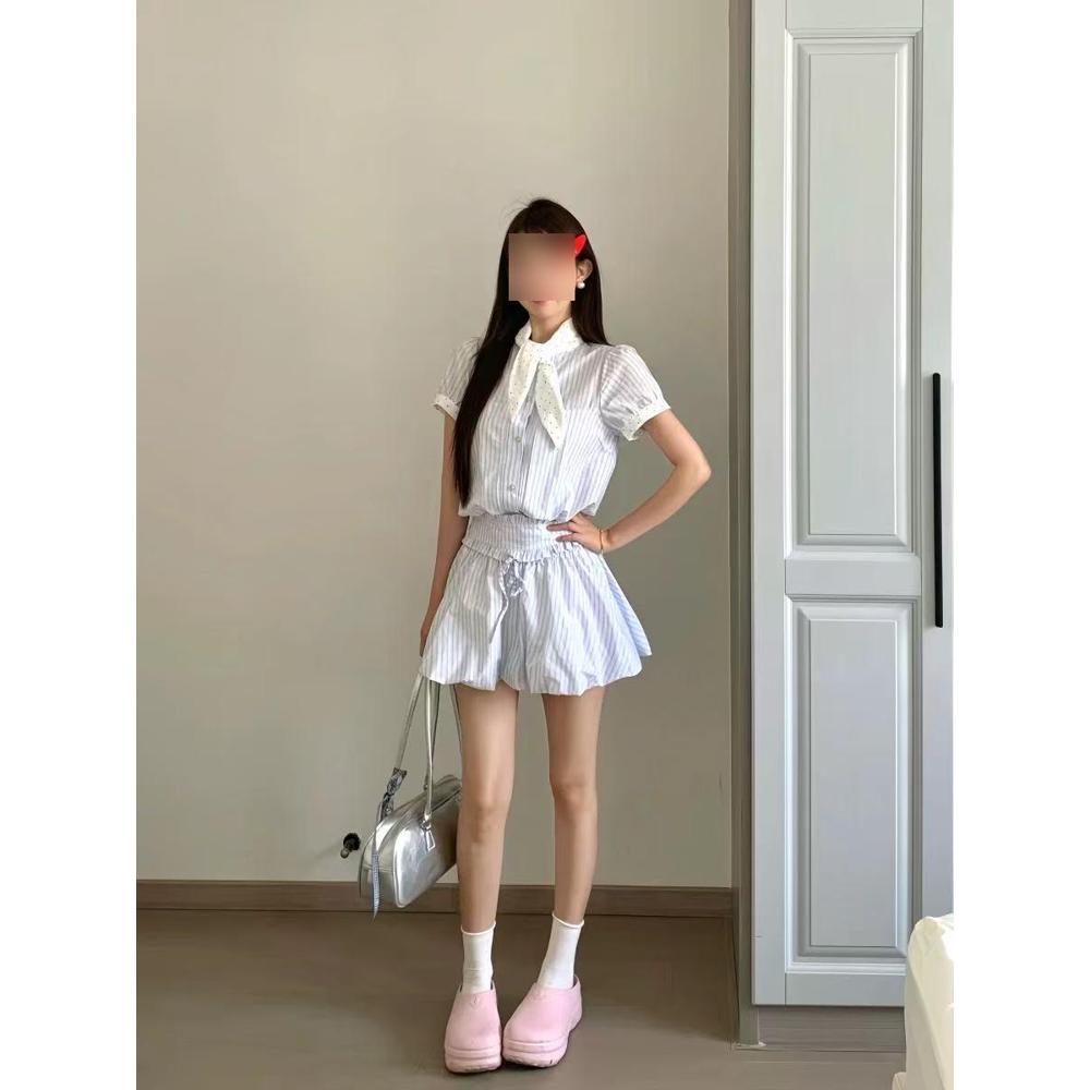 New Small Korean College Style Women's Clothing Summer Wear Temperament Short Skirt Shirt Striped Dress Elegant