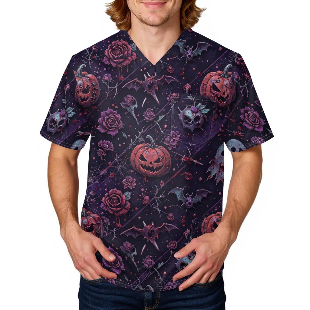 Herren Kurzarm Kasack mit Halloween-Print Arbeitsuniform