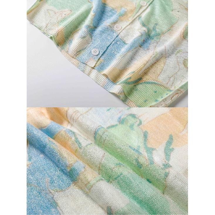 Floral Print Womens V-Neck Long Sleeve Knitted Cardigan Casual Lightweight Knit Sweater Top Spring and Summer