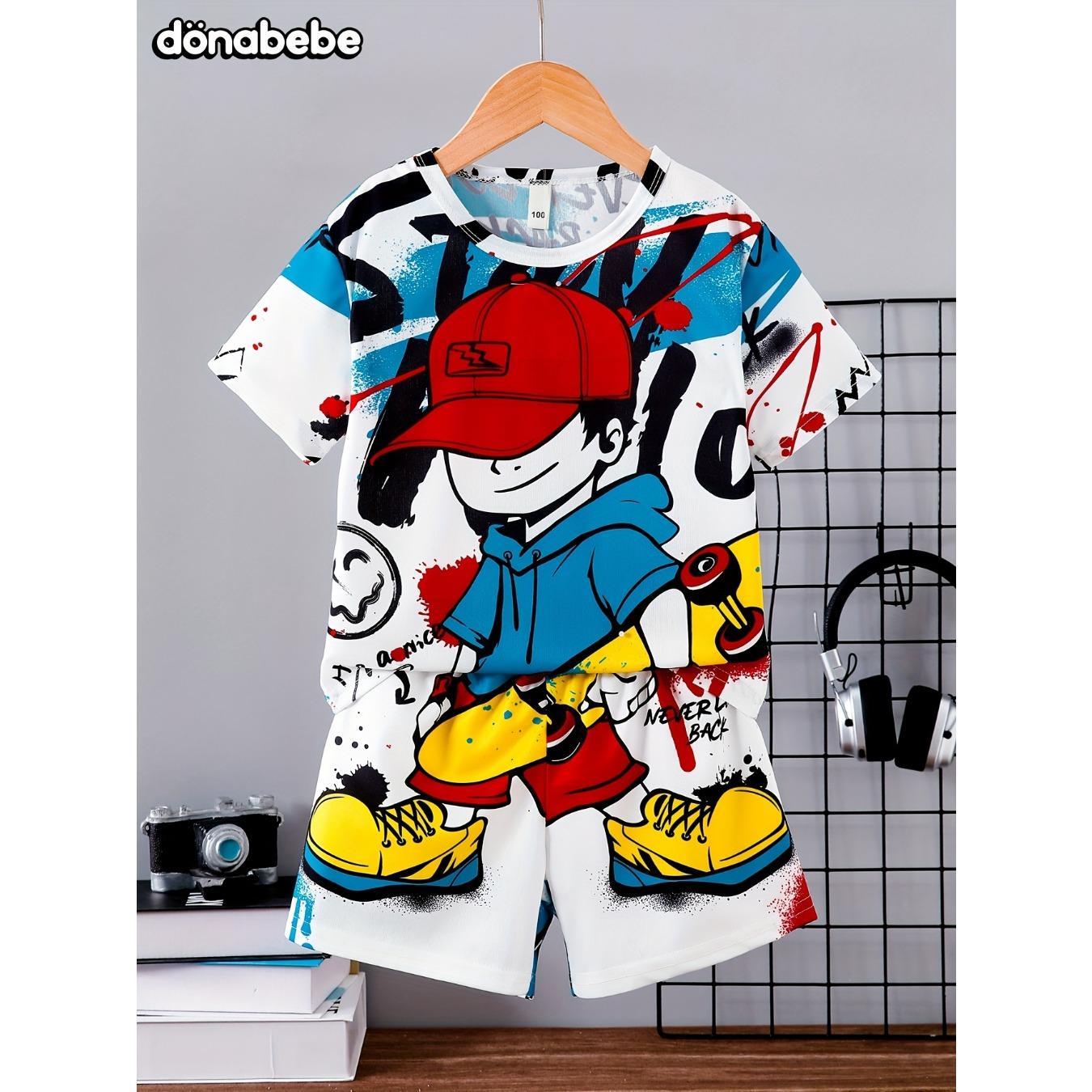 

Boys Summer Fashion Round Neck T-Shirt Skateboard Teen Print Street Cool Casual Outdoor Short Sleeve Shorts Set, Perfect Outdoor 13-14Y