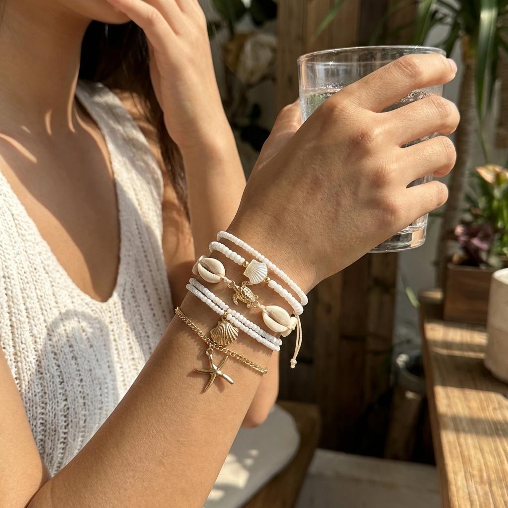 Modisches Sternmuschel Perlenarmband Set für Damen Boho Imitation Perle Meeresschildkröte Anhänger Elastisches Armband Sommer Schmuck Geschenk