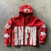 Unisex Zip Up Hooded Jacket Frayed Star Letter Patch Vintage Long Sleeve Streetwear Hoodie Outerwear