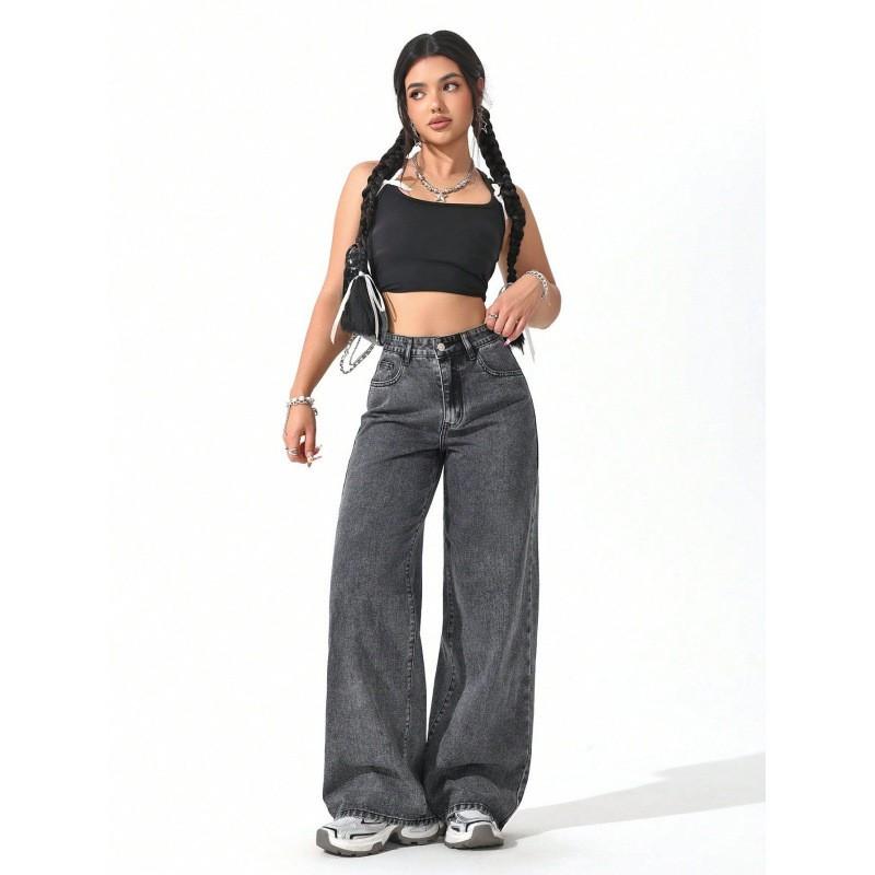 High Waist Wide Leg Straight Cut Jeans Women Loose Fit Casual Denim Pants Fall Style