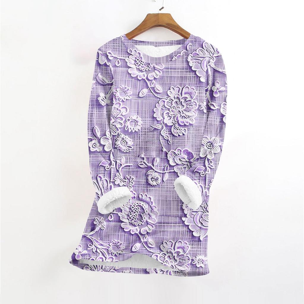 Women's Fashionable Printed Round Neck Long Sleeved Plush Warm Pullover Top