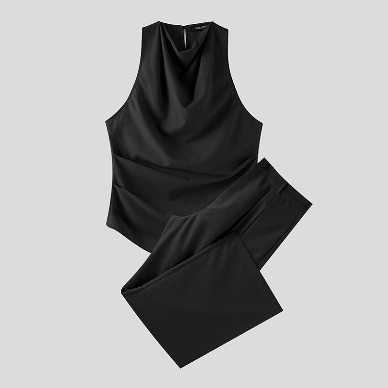 

INCERUN Two Pieces Sets Men Swing Collar Sleeveless Ruffled Tanks Long Pants Outfits M чорний