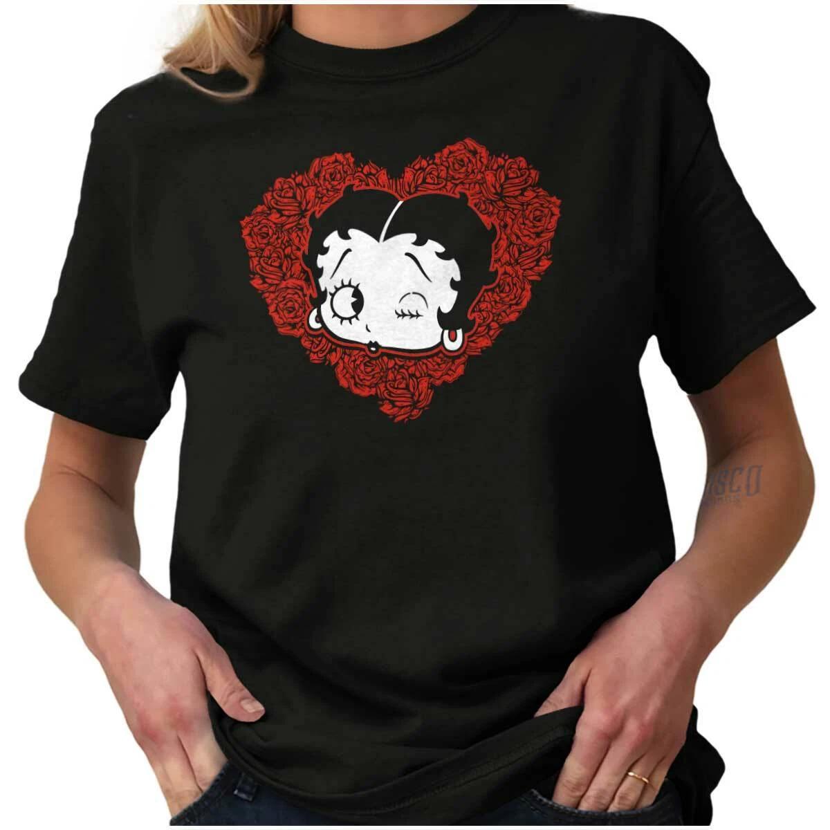 Betty Boop Cartoon Roses Heart Floral Love Womens Graphic Crewneck T Shirt Tee S