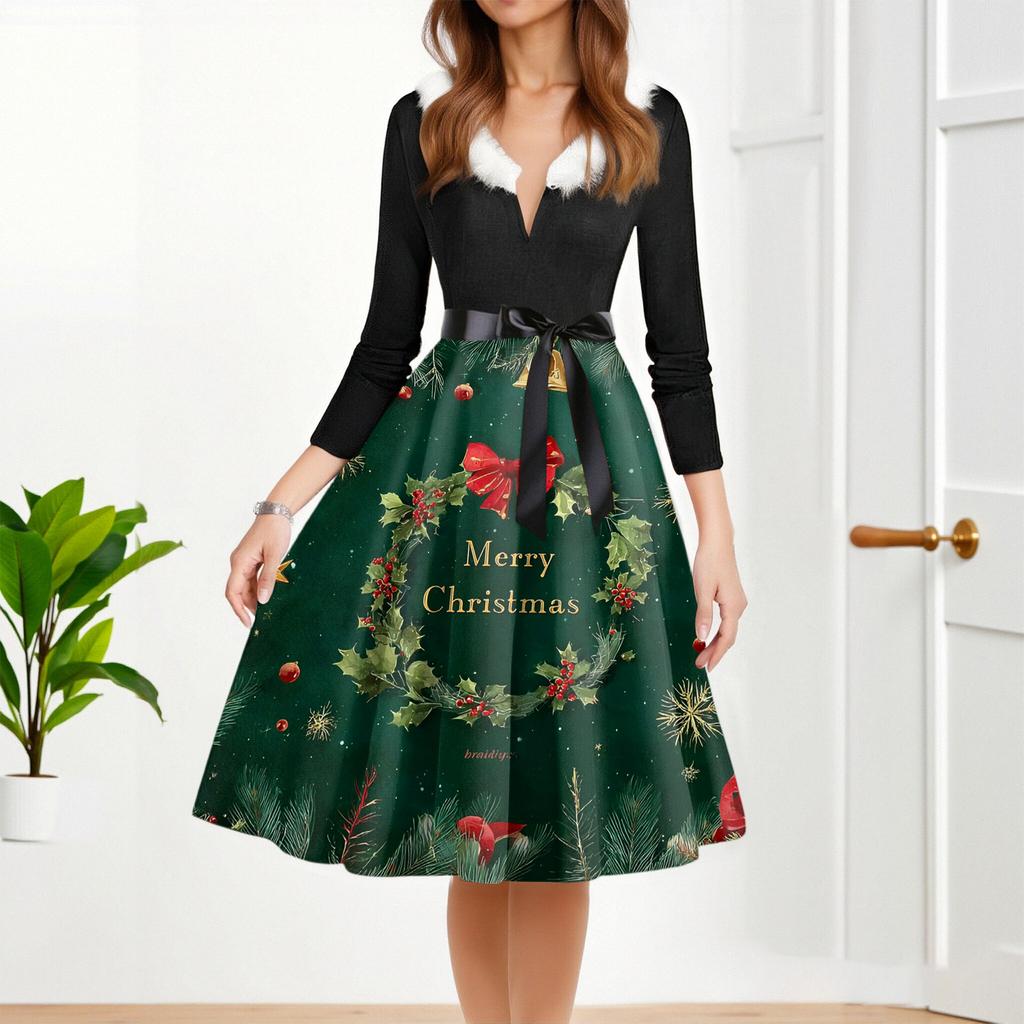 Women's Fashion Round Casual Slim Fit Christmas Print Large Swing Long Sleeve Dress