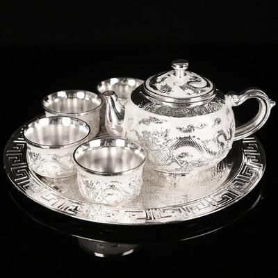 Dragon Phoenix 999 reines Silber Teeservice Vollsilber Weinset 1 Teller 1 Kanne 4 Tassen Chinesisches Lederbox-Set Teekanne