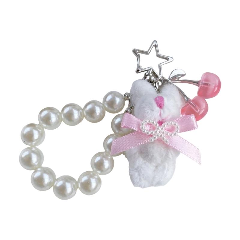 Adorable Rabbit Cherry Charm Keychain With Imitation Pearls Detachable Phone Strap Bag Accessories For Girls
