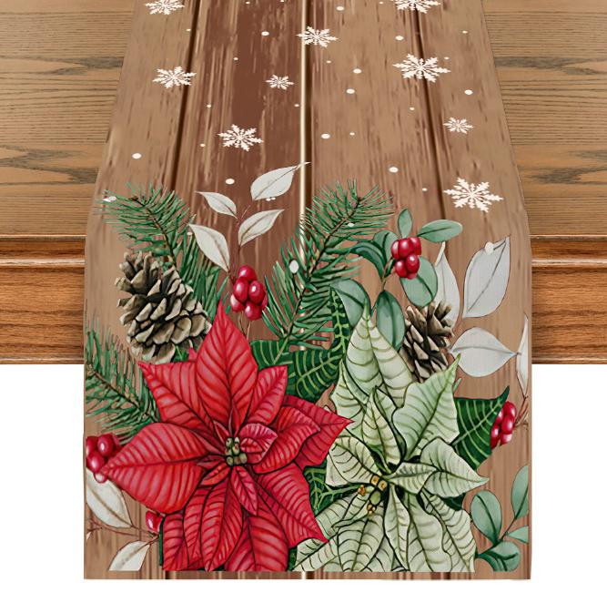 Linen Christmas Table Flag with Snowman & Santa Prints - Festive Table Mat Decorations