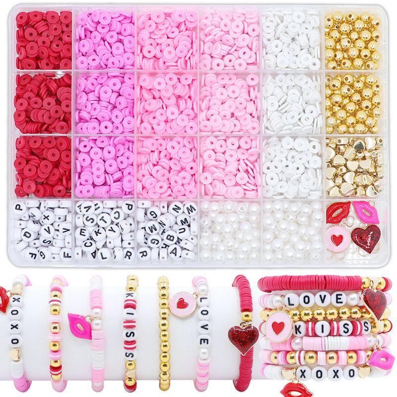 Valentine Day Clay Beads Kit Flat Round Disc Heishi Polymer Clay Beads with Letter Beads & Charms for Friendship Bracelet Making