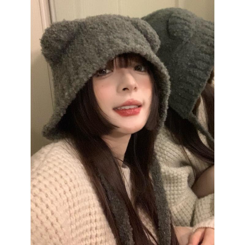 Cute bear hat female winter warm gray ear hat autumn and winter knitted wool hat big head circumference