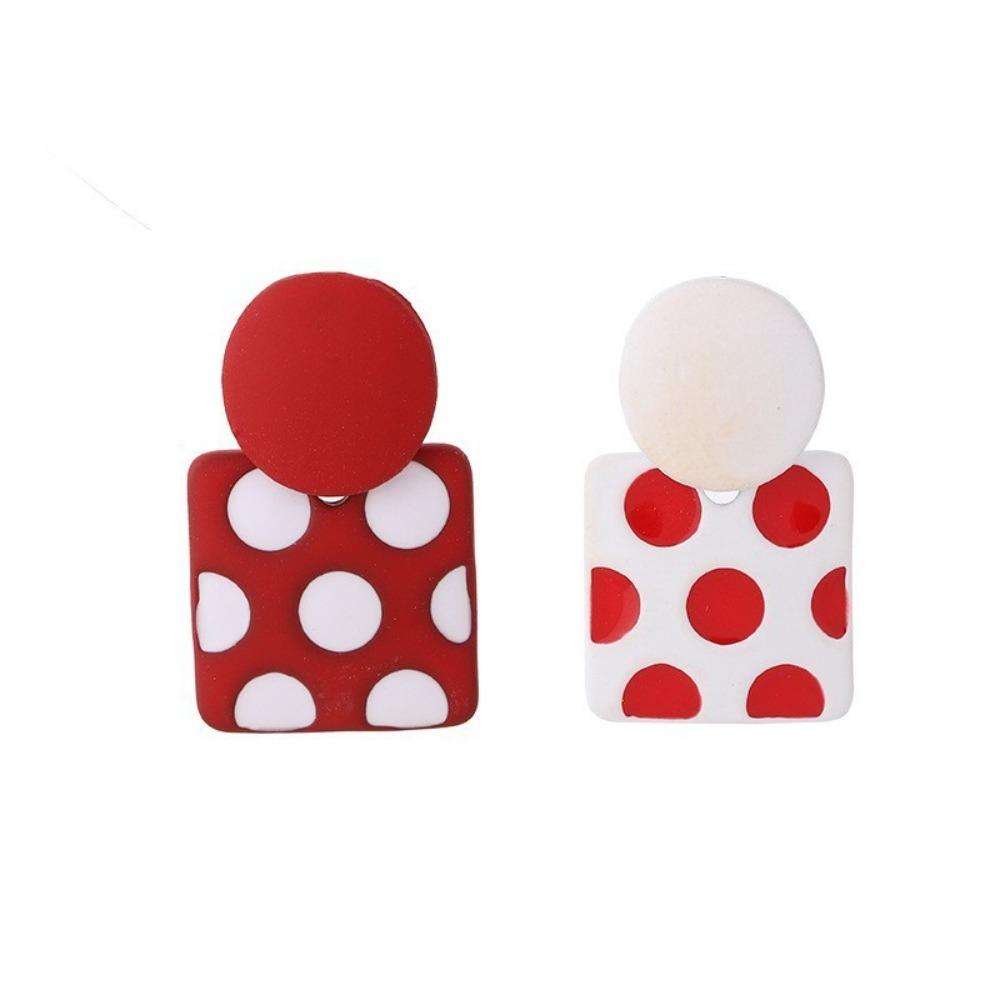 Retro Cute Red Asymmetrical Polka Dots Geometric Square Round Splicing Stud Earrings for Women Daily Wear Trendy Jewelry Gifts