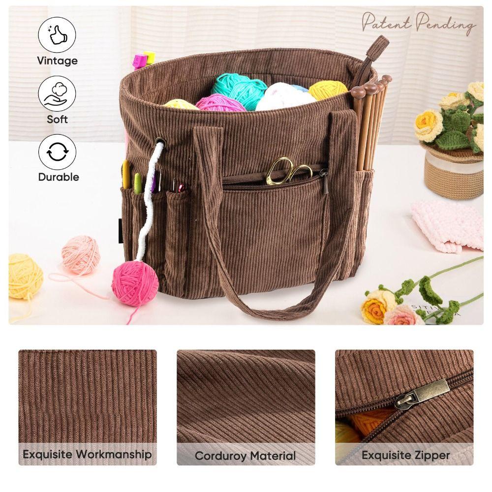 Large Capacity Crochet Yarn Storage Bag Multiple Pockets Craft Storage Yarn Bag Organizer Washable Corduroy Material