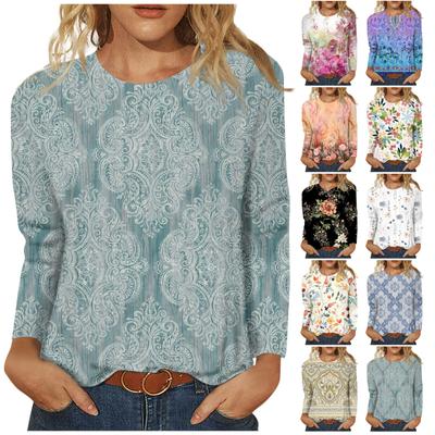 Women's Fashion Casual Long Sleeve Print Round Neck Pullover Top Blouse