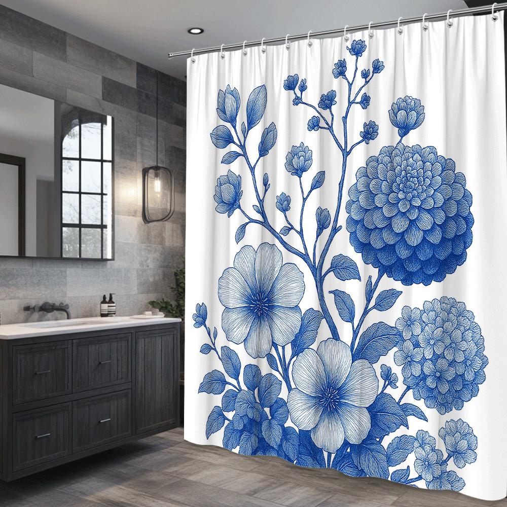 Blue Floral Botanical Shower Curtain Machine Washable All Season Waterproof Privacy Protection 2D Print Vintage Design Elegant