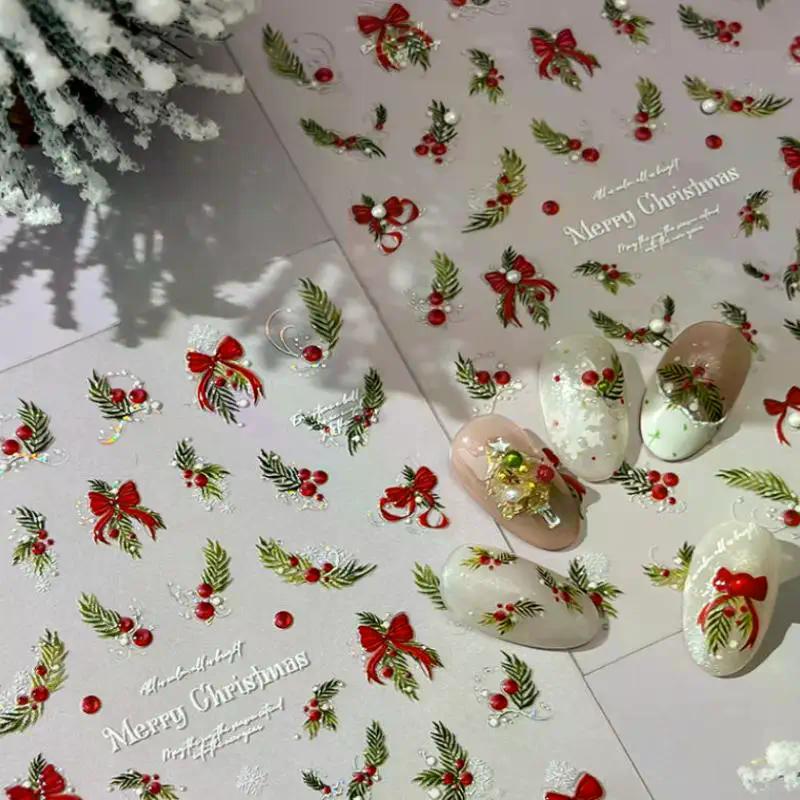 Vánoční nálepky na nehty Laserová sněhová vločka Reliéfní 3D vánoční strom Listy Kreslené Nositelné náplasti na nehty Manikúra Dekorace Kouzlo