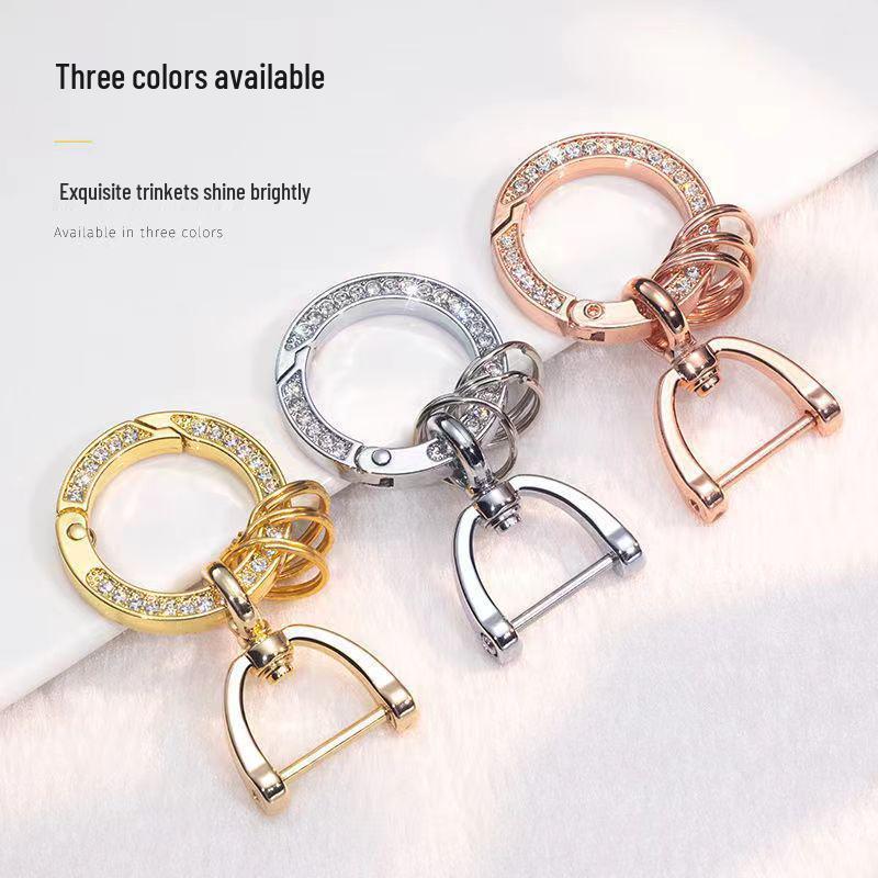 Rhinestone Circle Car Keychain with Gold Edge, Rope, Metal Keyring Pendant for Hyundai – Waist Hanging Household Hardware Buckle