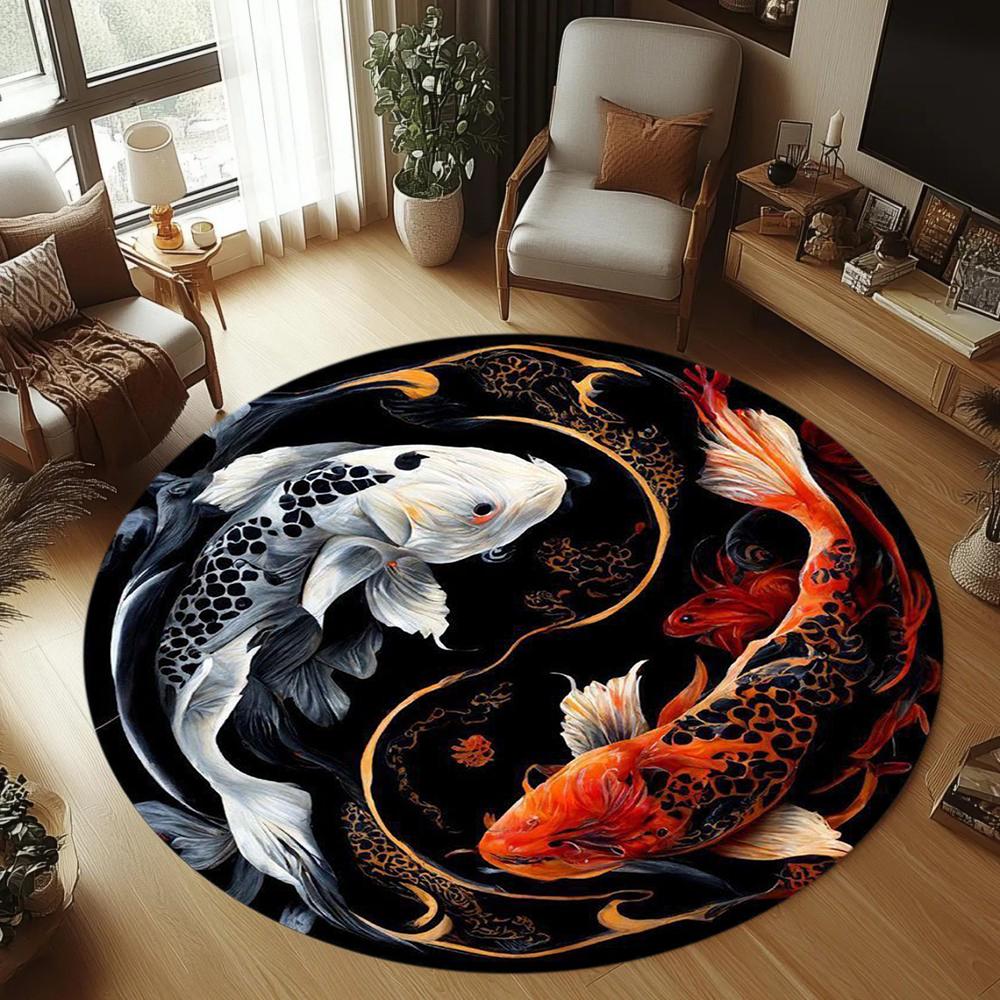 Round Area Rugs Two Koi Fish Oriental Art Floor Mat Carpet Non-Slip Machine Washable Kids Play Living Room Hall Bedroom