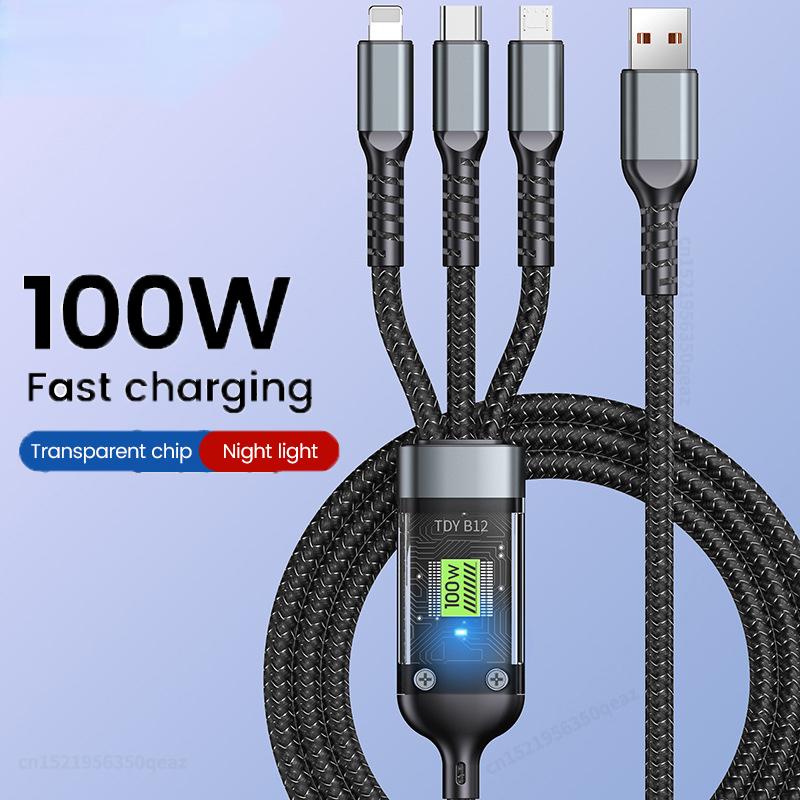 100W 5A 3 in 1 1,2 m Schnellladekabel Micro-USB Typ C Lightning-Kabel für iPhone Samsung Huawei Xiaomi Handy-Ladegerät USB C Datenkabel