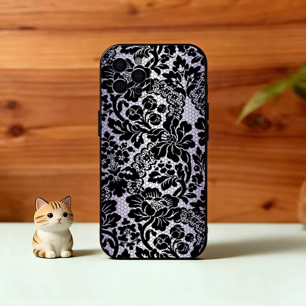 B-Black lace print Phone Case For iPhone 17,16,15,14,13,12,11 Plus,Pro Max,XS,Soft Silicone Black Cover