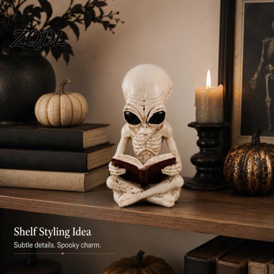 Sci-fi Desktop Decor Alien Cross Legged Reading Book Skeleton Figurine, Resin Sci-Fi Gothic Detailed Bone Crafts Halloween Ornament, Collection Statue
