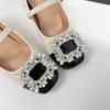 Sheepskin version~ heightened 7CM rhinestone square buckle thick heel Mary Jane shoes for women's new French color matching square head single s