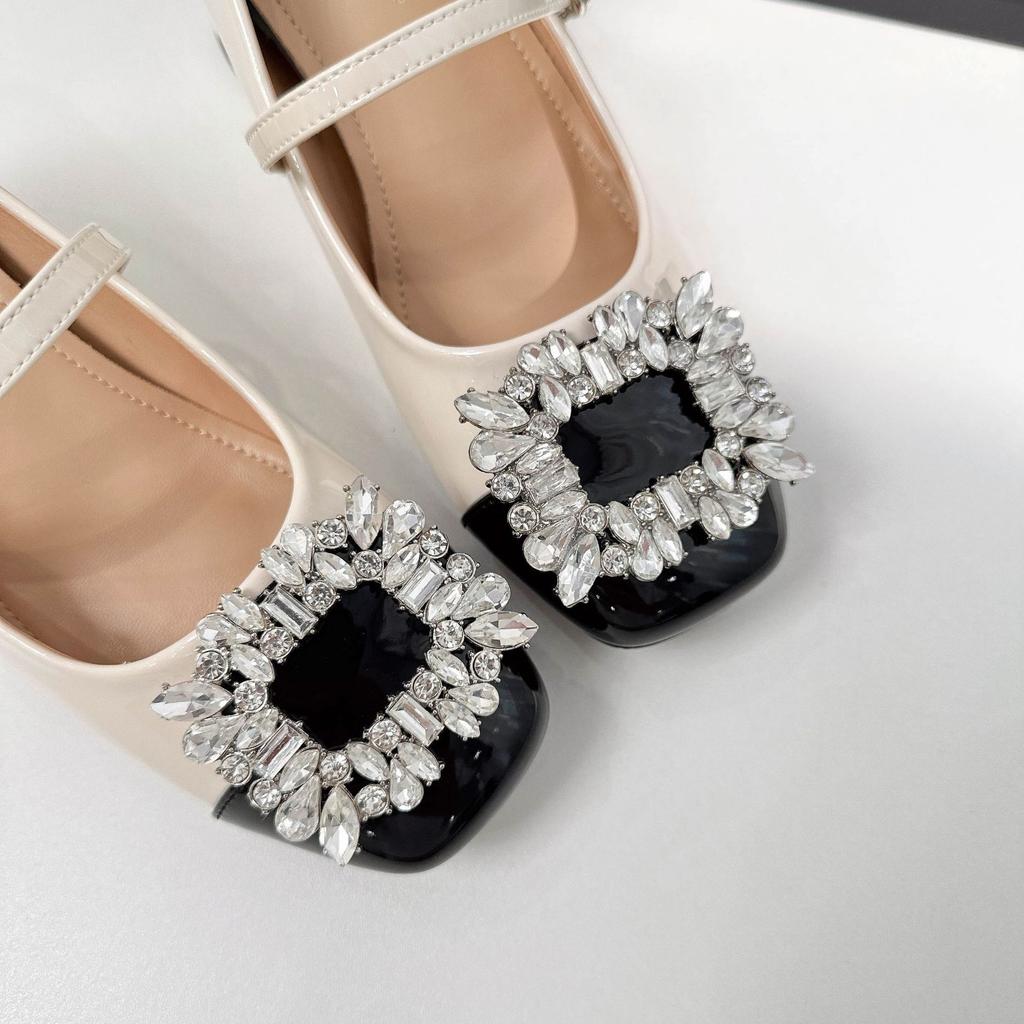 Sheepskin version~ heightened 7CM rhinestone square buckle thick heel Mary Jane shoes for women's new French color matching square head single s