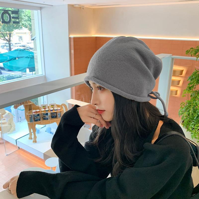 Big Head Circumference Drawstring Knitted Stacking Hat Women's Curled Edge Pullover Cold Hat Showing Face Small Bag Head Confinement Hat