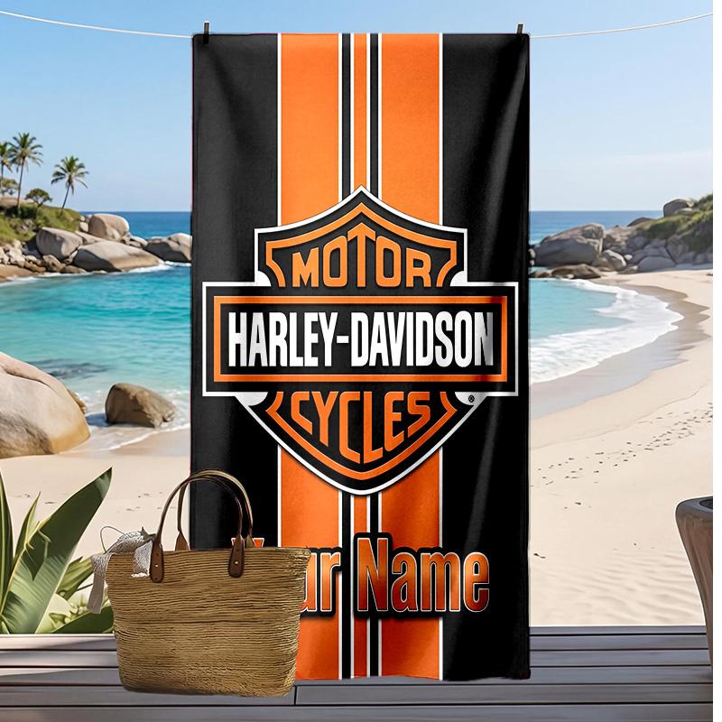 Asciugamano da Spiaggia Personalizzato Harley-Davidson, Stampa il Tuo Nome Testo Asciugamano Leggero Assorbente per Nuoto Viaggio