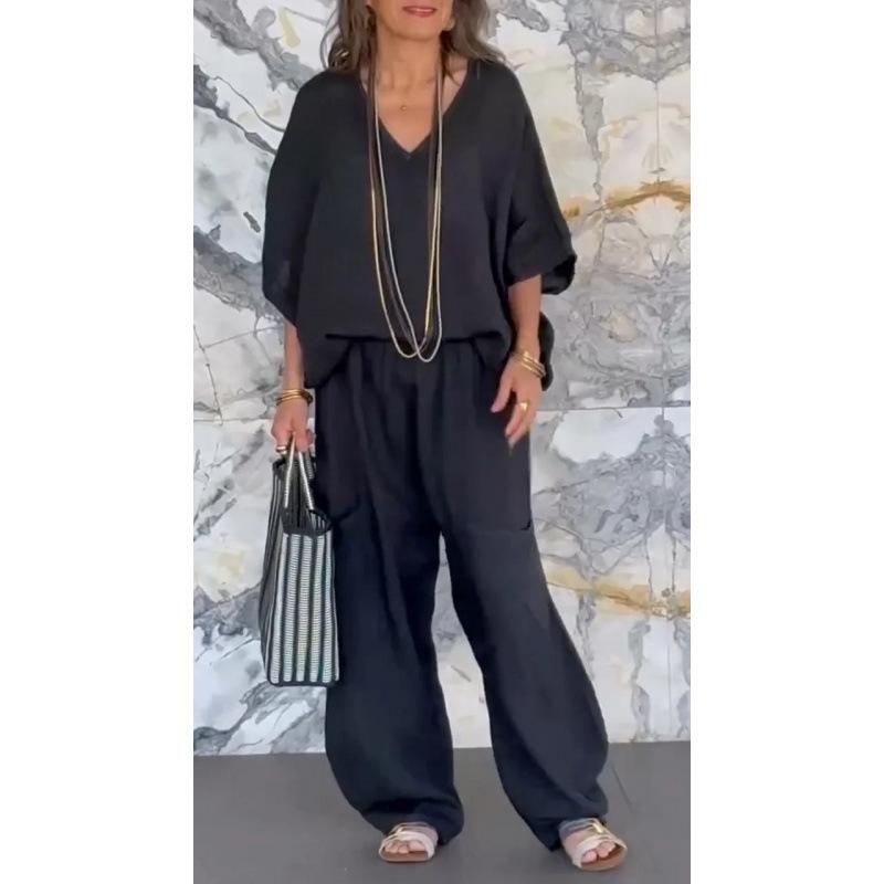 

Женский комплект свободного кроя с V-образным вырезом, короткими рукавами и брюками палаццо широкого кроя, ярко-зеленый, повседневный наряд XS чёрный