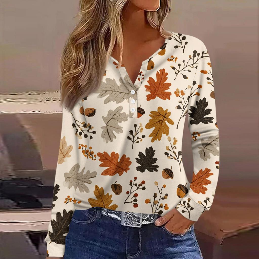 Dámské tričko Tričko Knoflíček Dlouhý rukáv Denní víkendová móda Basic Top s výstřihem do V