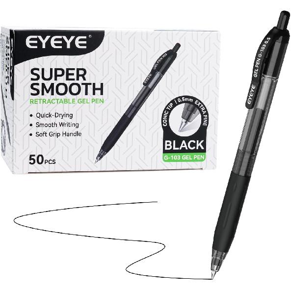 EYEYE G-103 Retractable Gel Pens Black 50 Pack, 0.5mm Extra Fine Point Ink Pen Quick Dry, Ballpoint Pen Fine Point Smooth Writing Pens for for Office чёрный