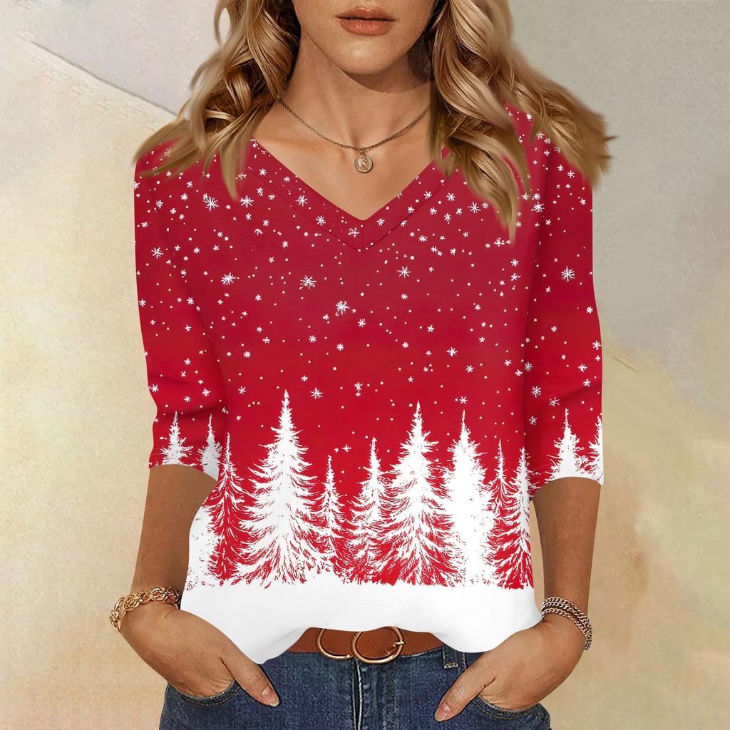 Women's T Shirt CHristmas Print 3/4 Sleeve Daily Weekend Fashion Basic V- Neck Regular Top