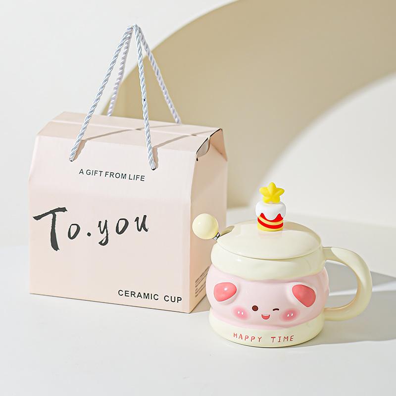 Cute Ceramic Water Cup Birthday Gift for Girls Super Cute and Beautiful Couple Mug with Lid Spoon Cup Souvenir