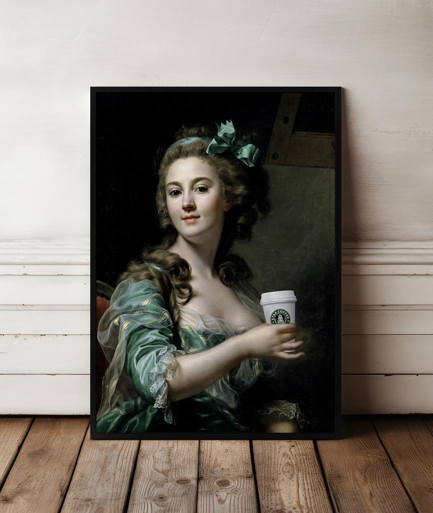 Pop Art Poster Lady with Coffee Portrait