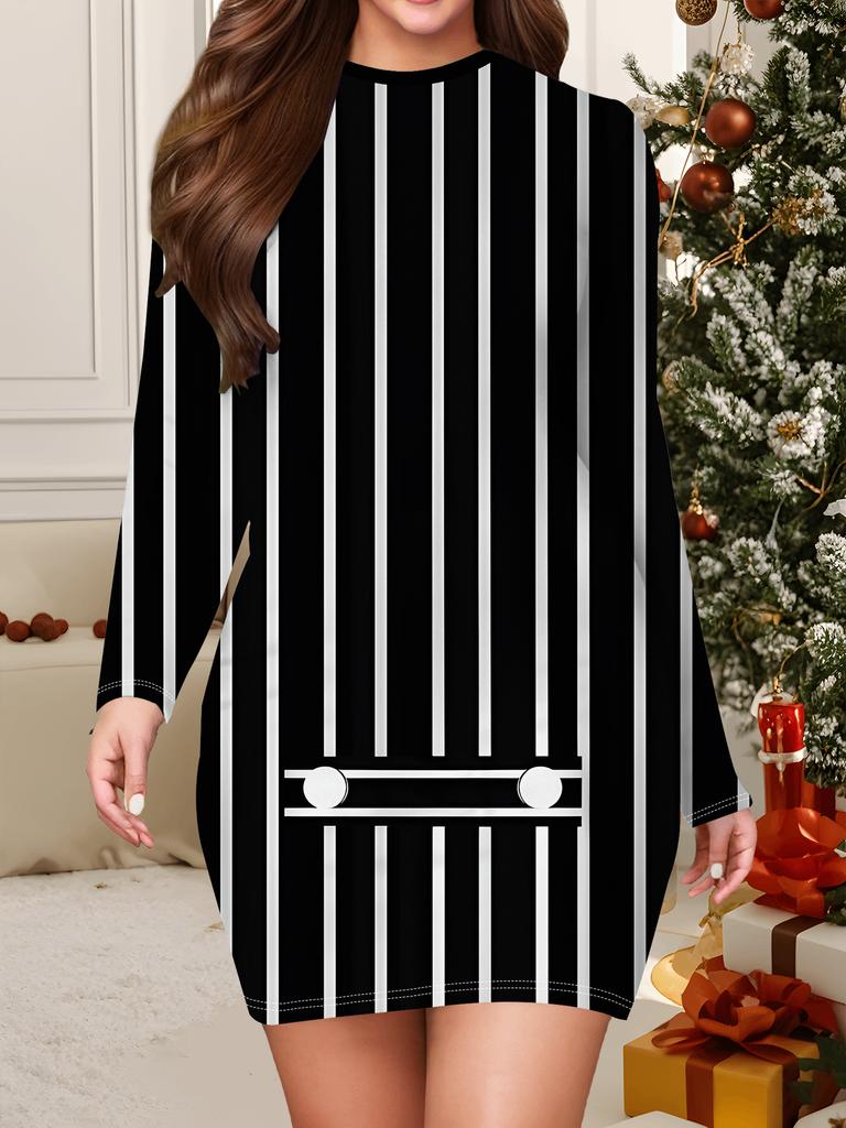 2025 Herbst und Winter Neues Damen Hüftumschlingendes Kleid, 3D Liebe Druck und Färbung Damenmode Langarm Rundhals Hüftumschlingendes Kleid