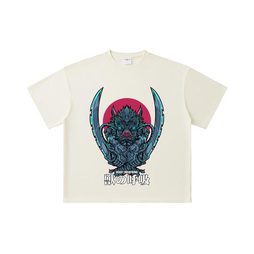 260 GSM Double Yarn 32 Count 100% Cotton Demon Slayer V29 Inosuke Print Unisex Heavy Cotton T Shirt