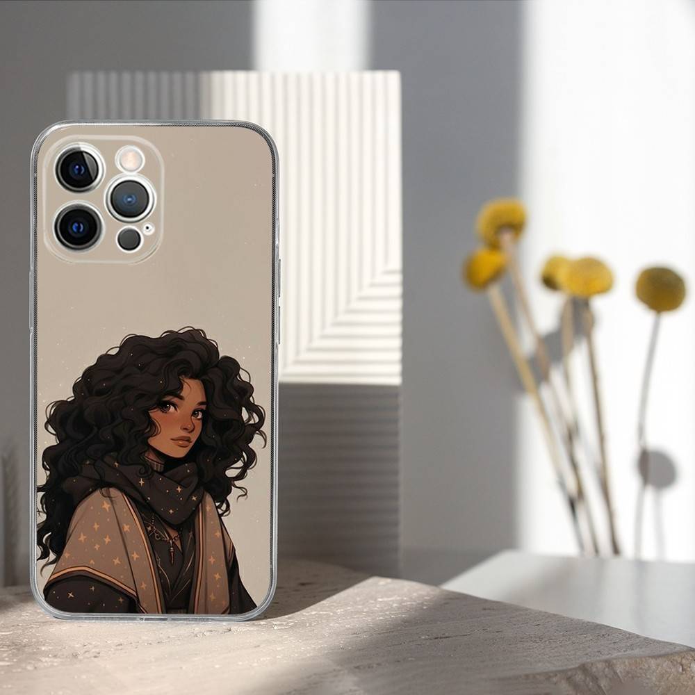 Afro Black Girl Cute Cartoon Phone Case For iPhone 17,16,15,14,13,12,11 Pro,Max,Plus,X,XS,XR,SE4,E Mini Transparent Soft Cover