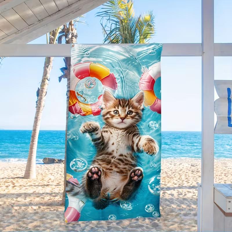

Super Sized Cat Swimming Ring Printed Beach Towel Style Pattern Design Beach Towel Ultra-fine Fiber Large Sand Free Quick Drying W40*H60(CM)