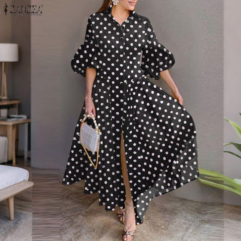 ZANZEA Vintage Damen Casual Umlegekragen Locker Halbarmlig Gepunktet Plissiertes Kleid