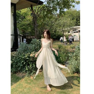Holiday Style Flower Design Suspender Dress Women's Summer New Waist Thin Very Fairy Long Skirt