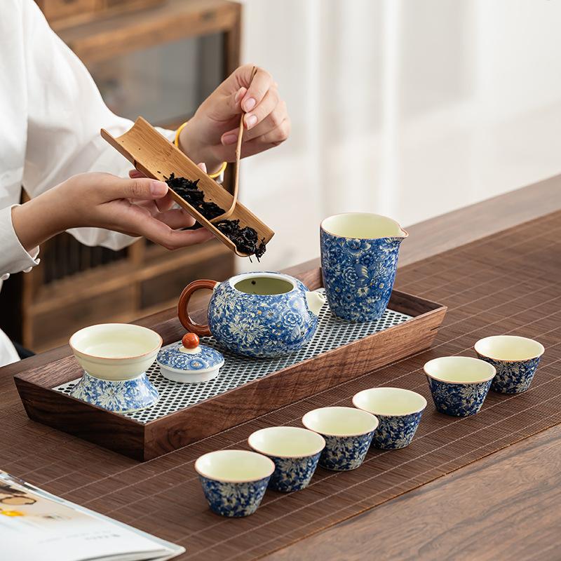 Anniversary celebration company business opening activities retro Ru kiln flower high-end tea set