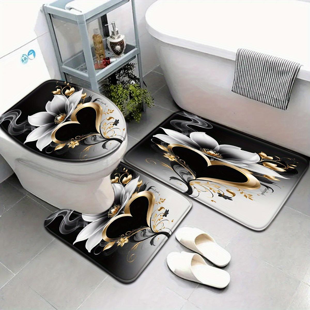 3pcs Elegant Black Golden Floral Bath Mat Set - Non-Slip, Fade-Resistant Polyester Floor Mats for Toilet Bathtub  Shower Area
