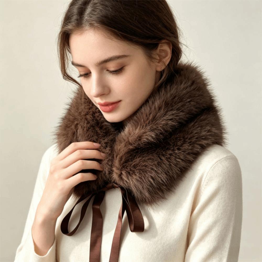Solid Color Women Scarves with Ribbons Neck Warmer Scarf Fluffy Fur Collar Scarf Winter