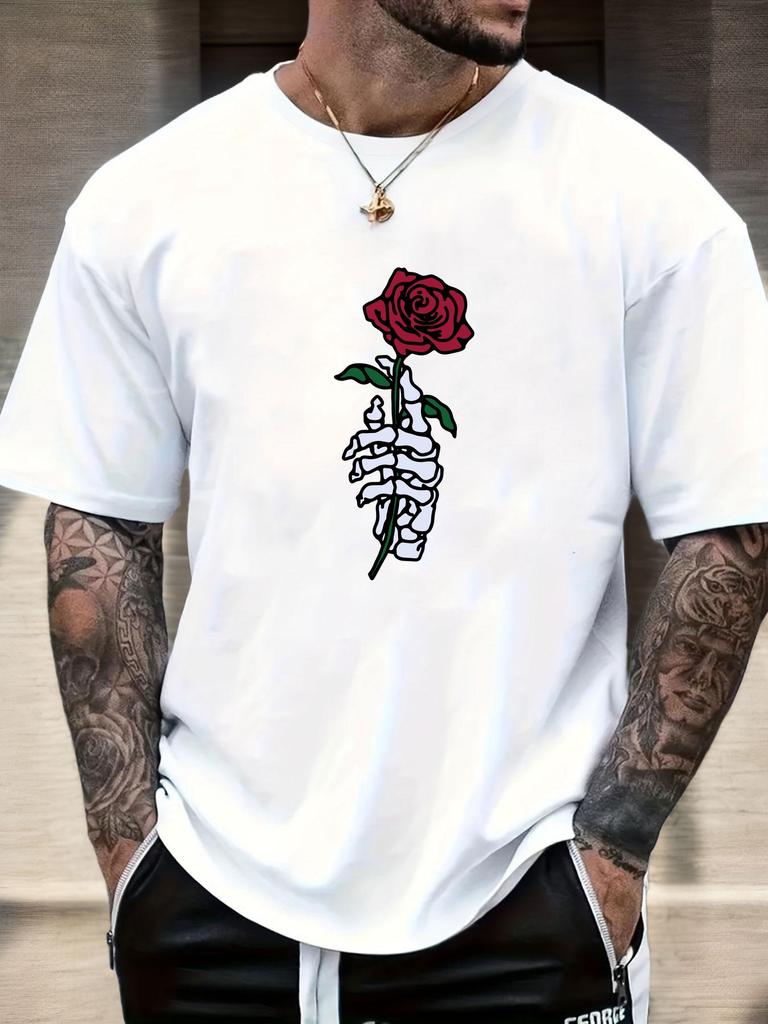 2025 Summer Essential Mens Tee Edgy Artistic Vintage Inspired Goth Skeleton Hand Rose Print 100 Cotton Short Sleeve Casual Top