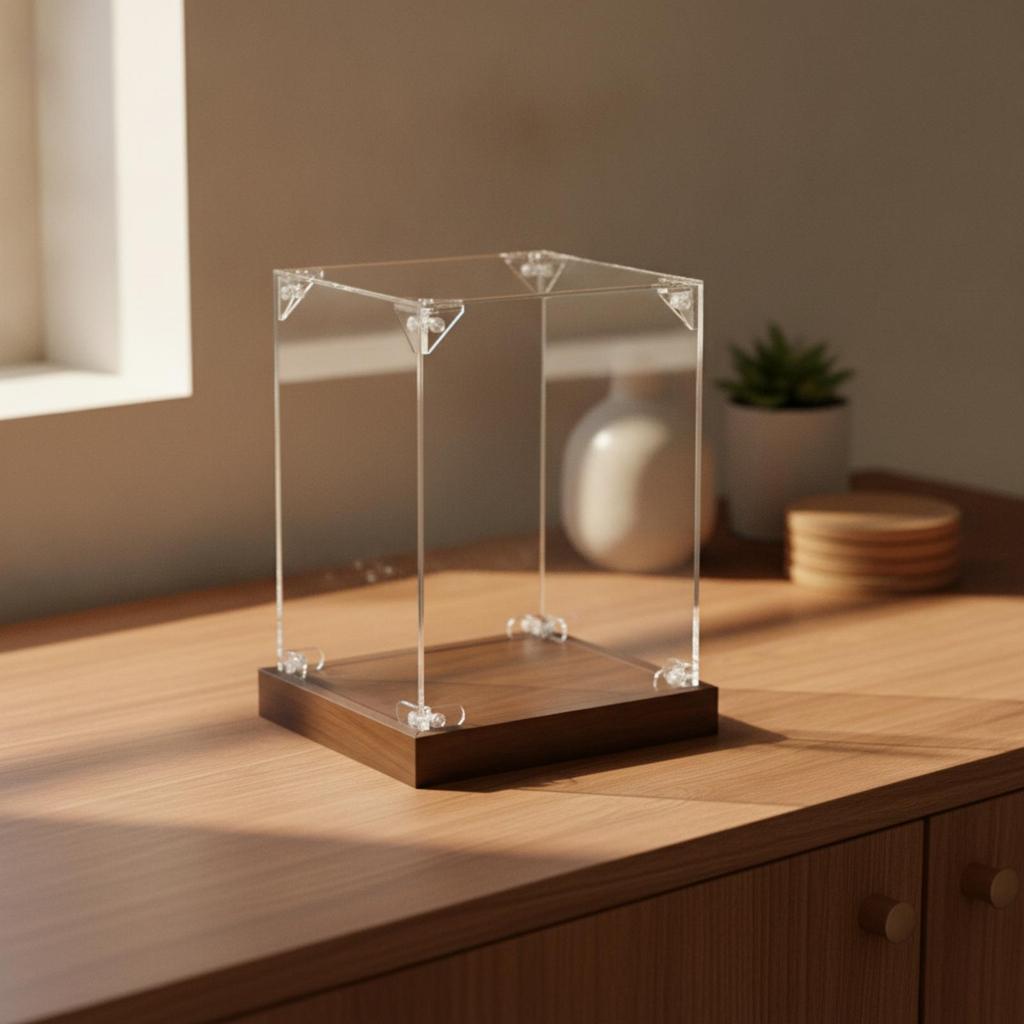 Transparent Acrylic Display Case | Box with Wooden Base,
